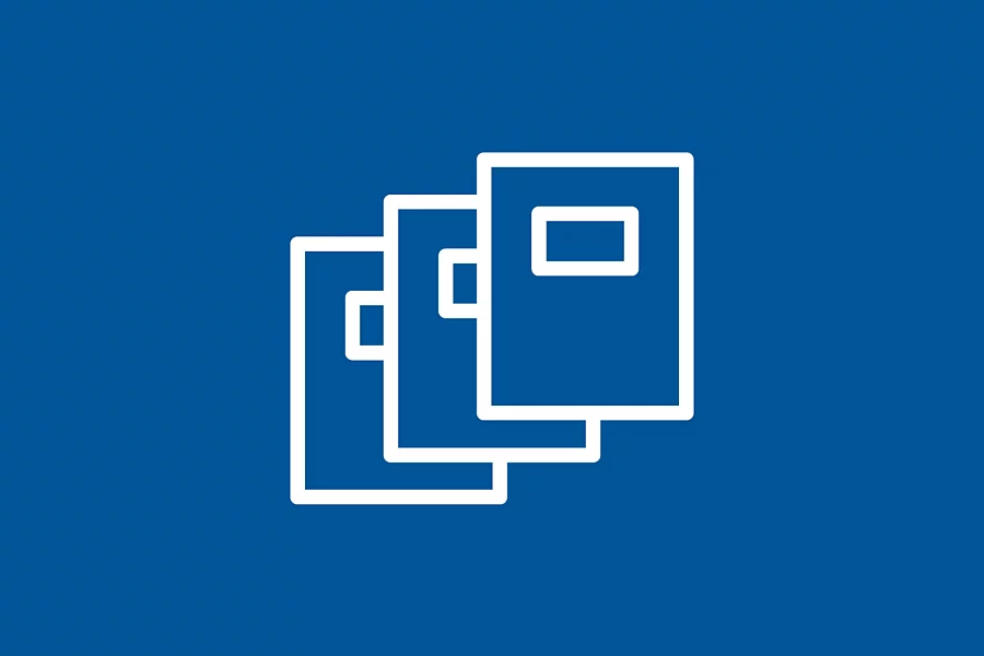 Das Icon zeigt weisse Publikation-Cover auf blauen Hintergrund