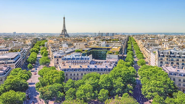 Paris en été : la tour Eiffel entourée de nombreux arbres verts